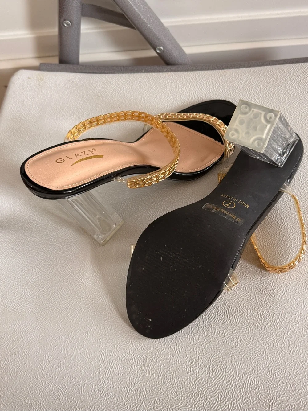 Glaze Women's Gold Braided-Strap Clear Block Heel Sandals